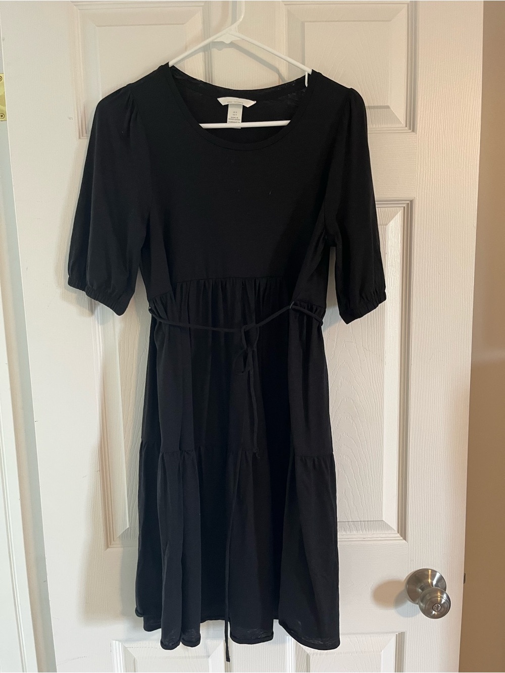 H&M Black MATERNITY Tiered Midi Dress with Tie Waist and Puff Sleeves
